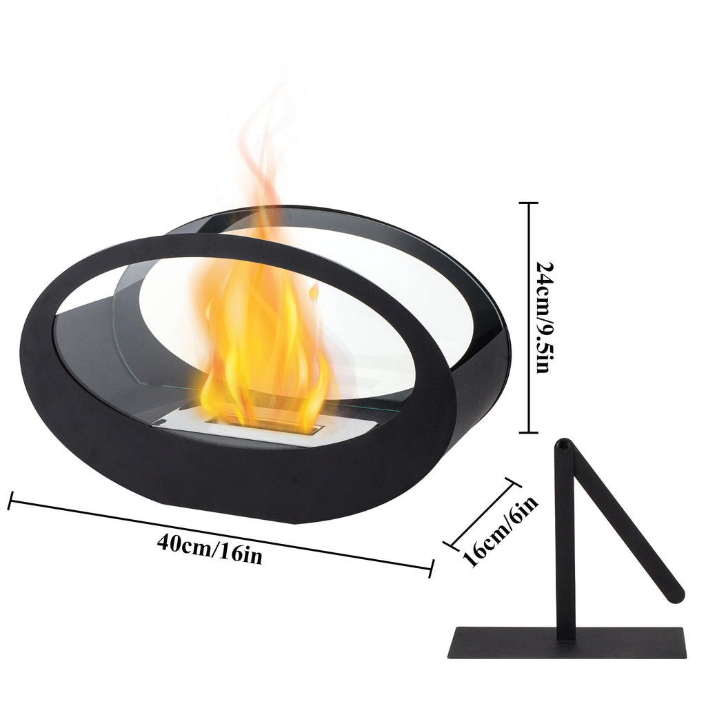 16x9.5 Inch Black Metal Tabletop Fireplace | Double Sided Oval Bio-Ethanol Fire Bowl for Indoor/Outdoor