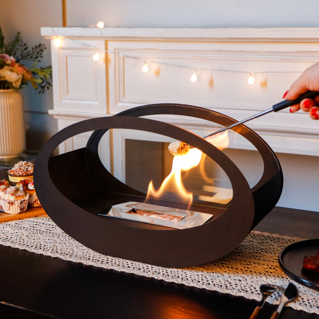 16x9.5 Inch Black Metal Tabletop Fireplace | Double Sided Oval Bio-Ethanol Fire Bowl for Indoor/Outdoor