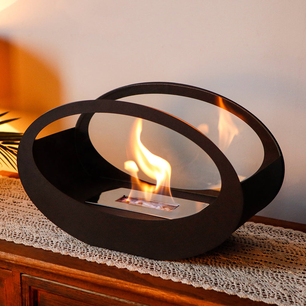 16x9.5 Inch Black Metal Tabletop Fireplace | Double Sided Oval Bio-Ethanol Fire Bowl for Indoor/Outdoor