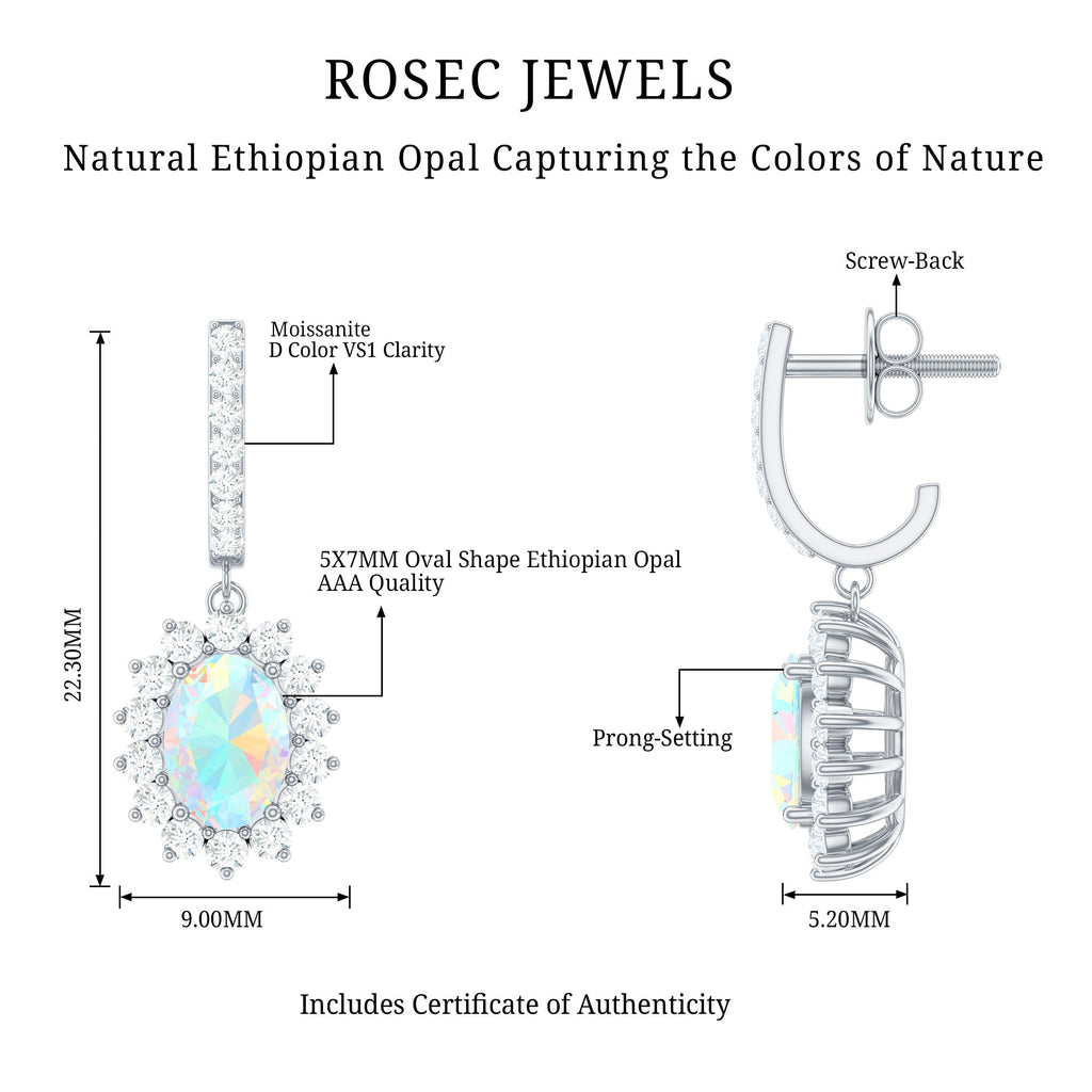 5X7 MM Oval Rainbow Opal Drop Earrings with Moissanite Halo