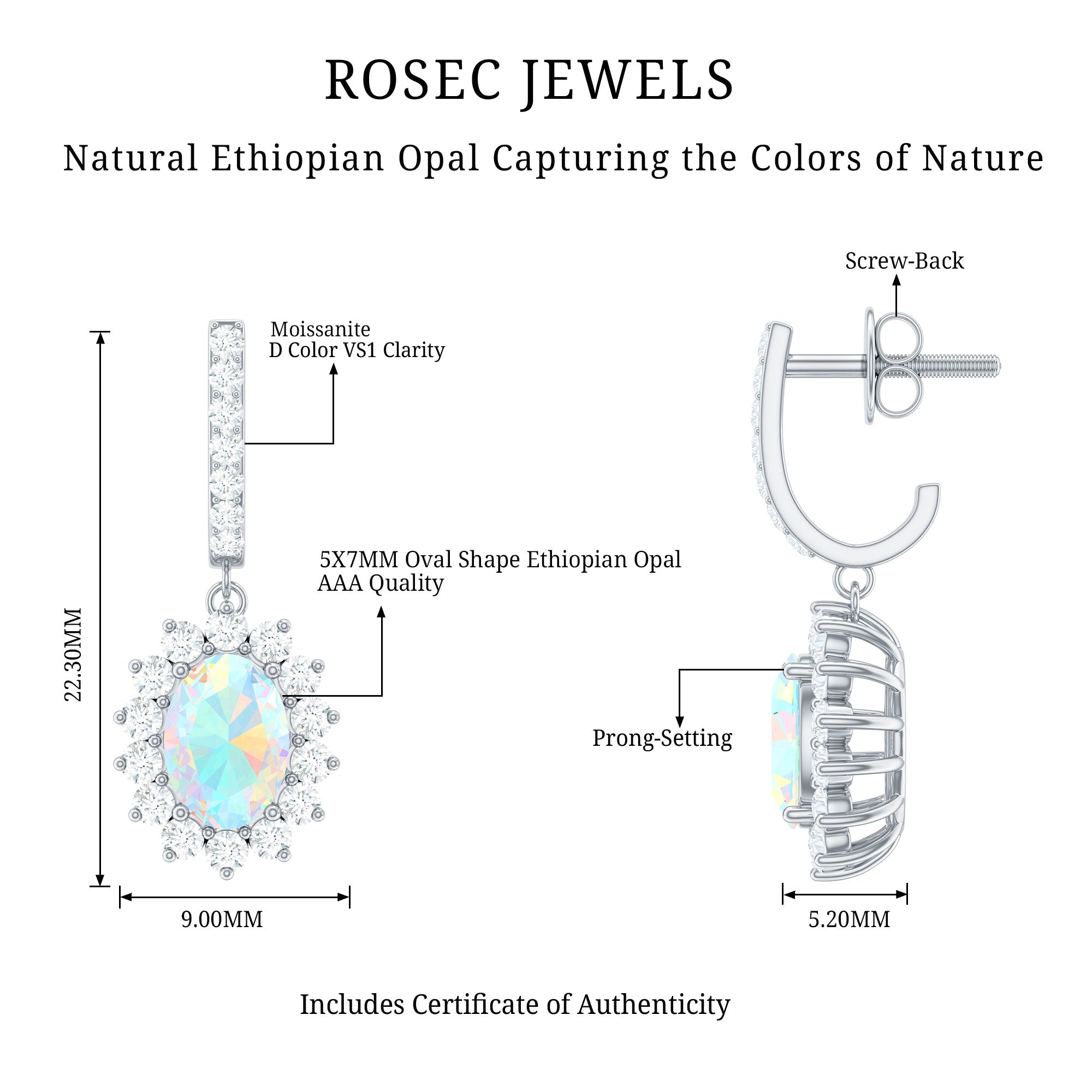 5X7 MM Oval Rainbow Opal Drop Earrings with Moissanite Halo