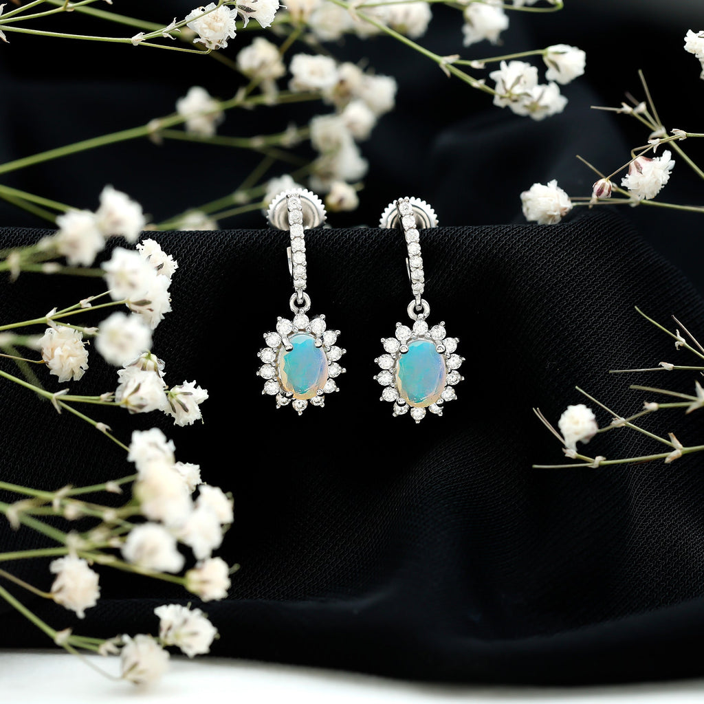 5X7 MM Oval Rainbow Opal Drop Earrings with Moissanite Halo