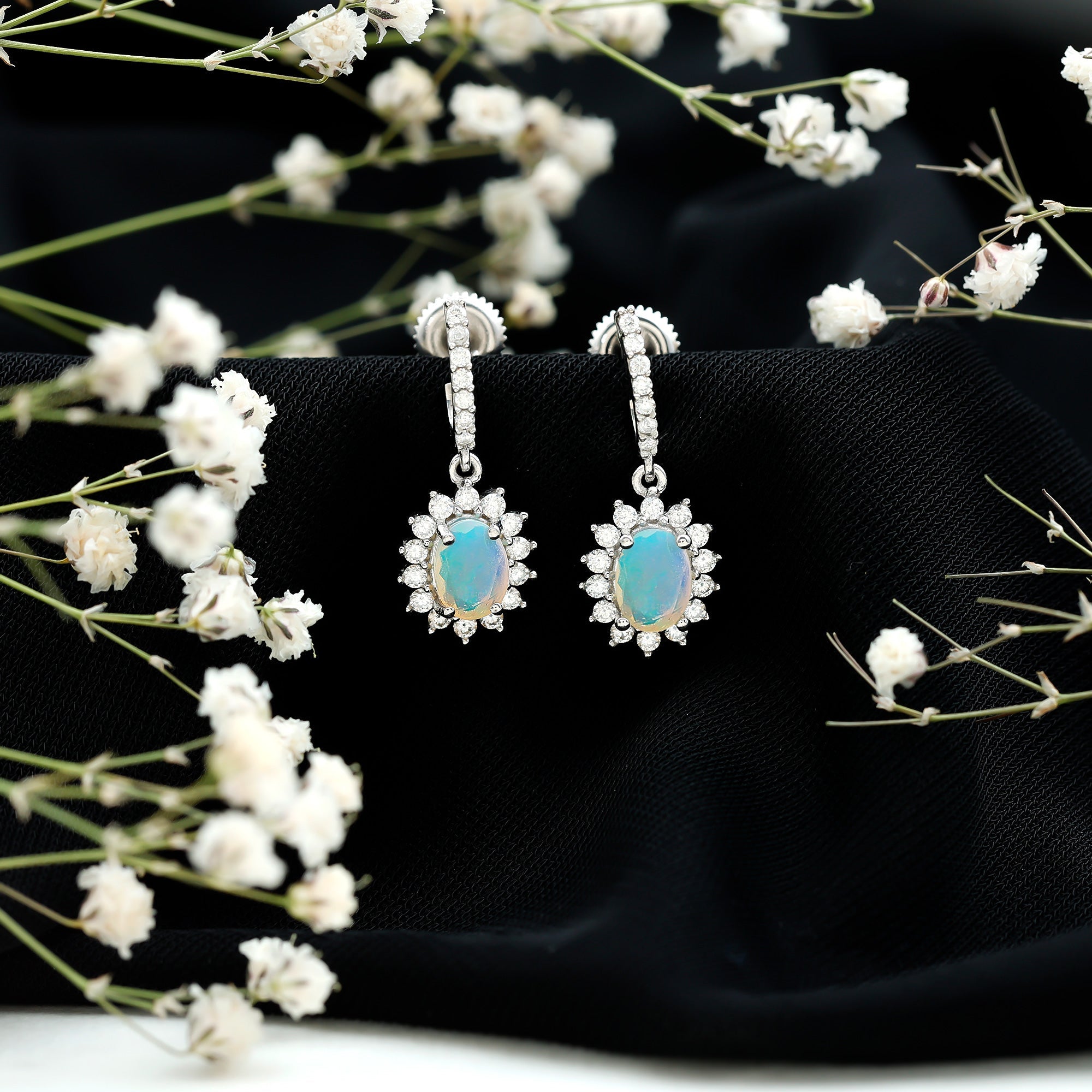 5X7 MM Oval Rainbow Opal Drop Earrings with Moissanite Halo