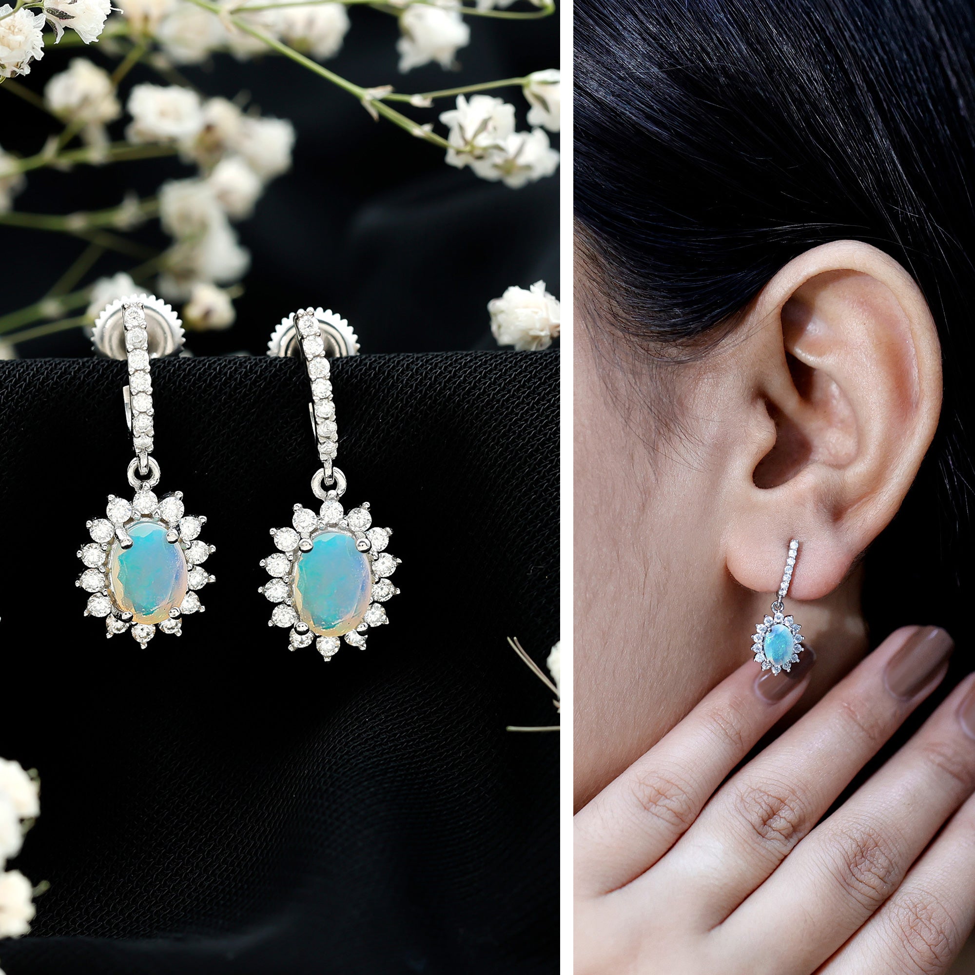 5X7 MM Oval Rainbow Opal Drop Earrings with Moissanite Halo