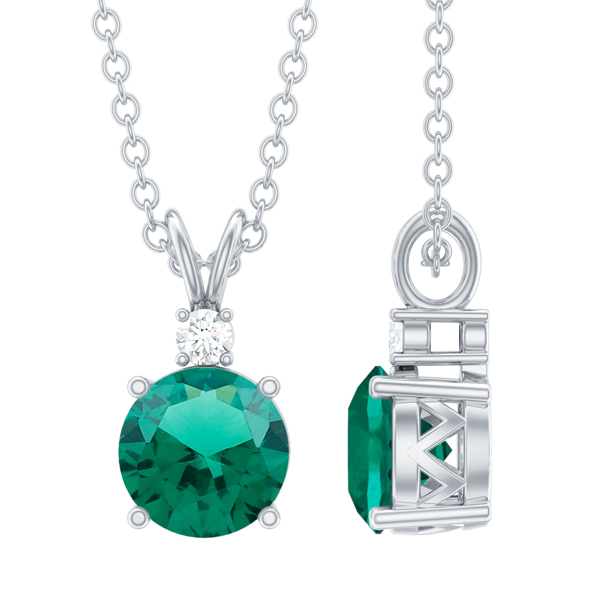 6 MM Round Lab Grown Emerald Solitaire Pendant Necklace With Silver Chain