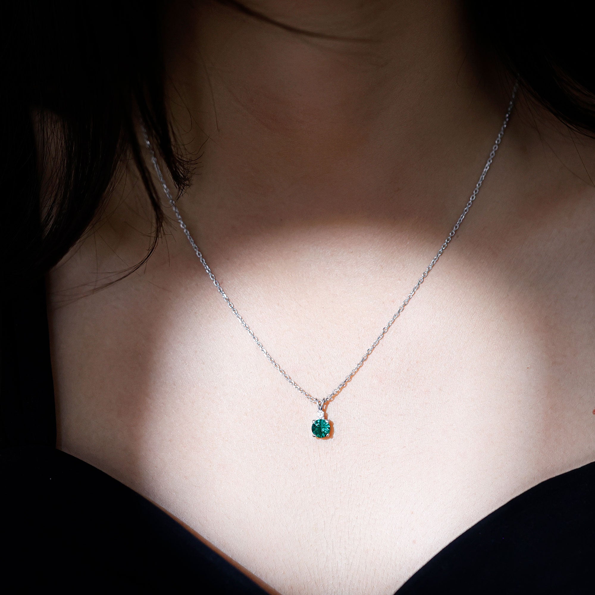 6 MM Round Lab Grown Emerald Solitaire Pendant Necklace With Silver Chain