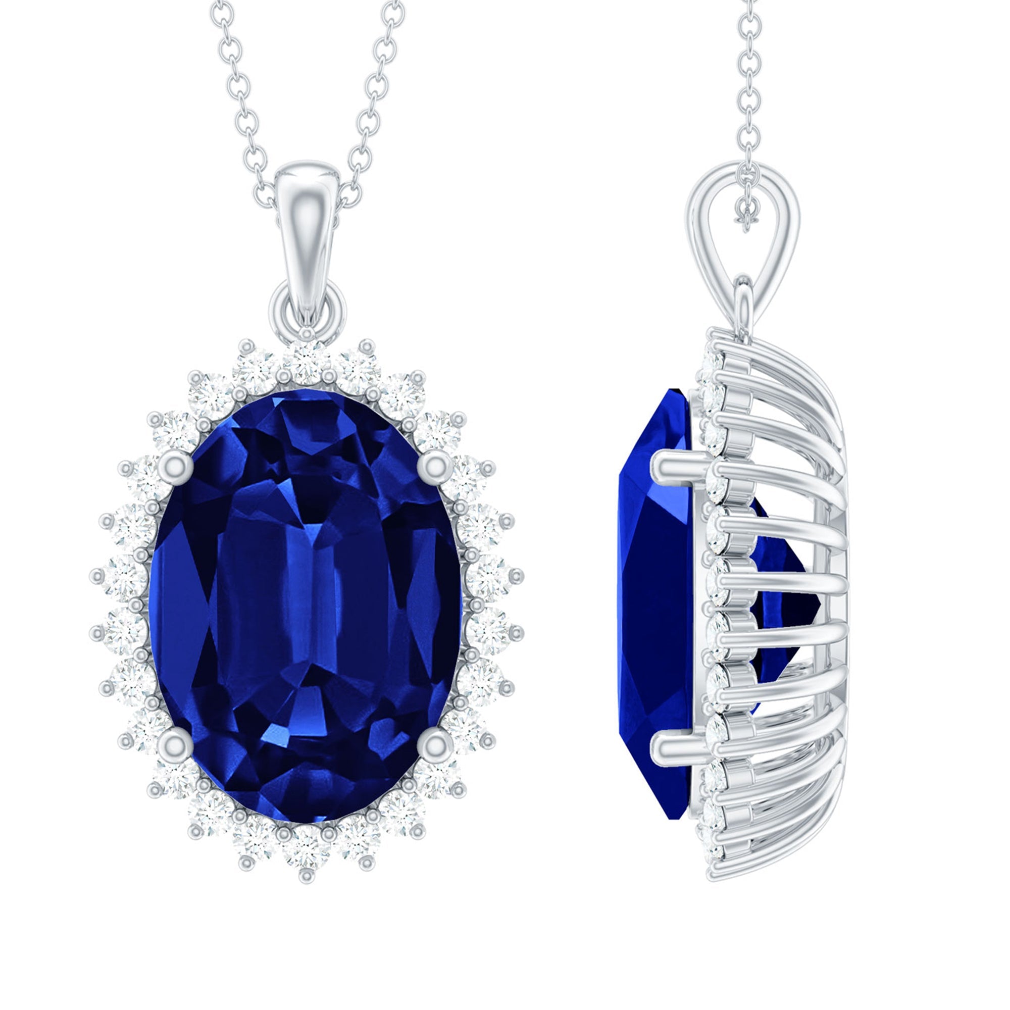 13X18 MM Lab Grown Blue Sapphire Bridal Necklace With Silver Chain