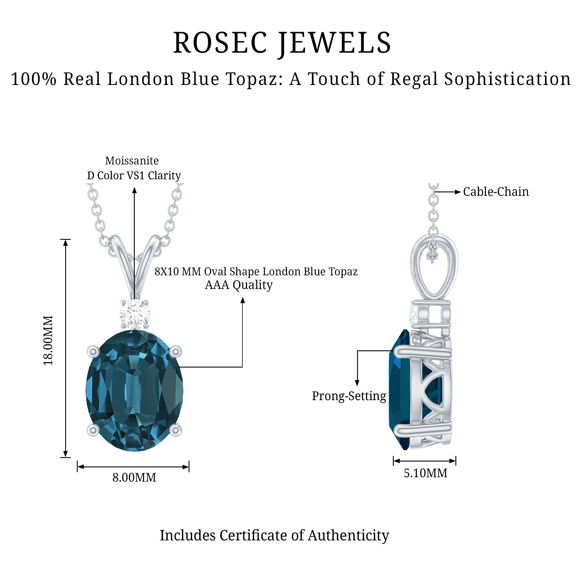 8X10MM Oval Shape Real London Blue Topaz Solitaire Pendant