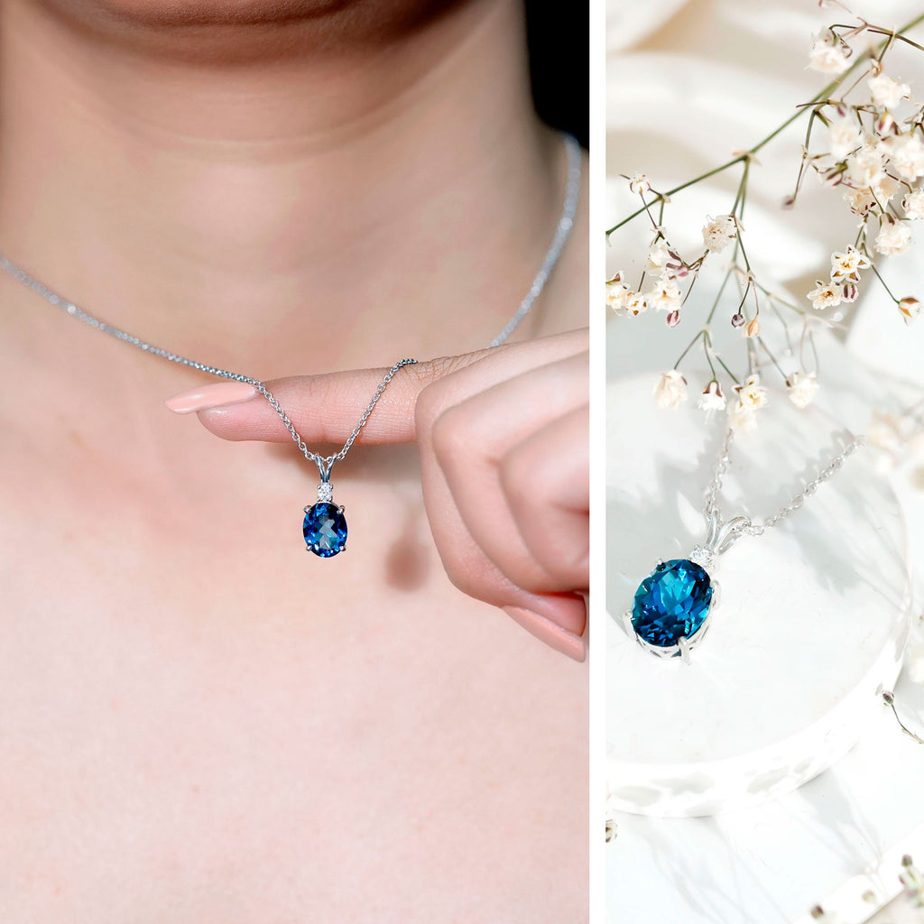 8X10MM Oval Shape Real London Blue Topaz Solitaire Pendant