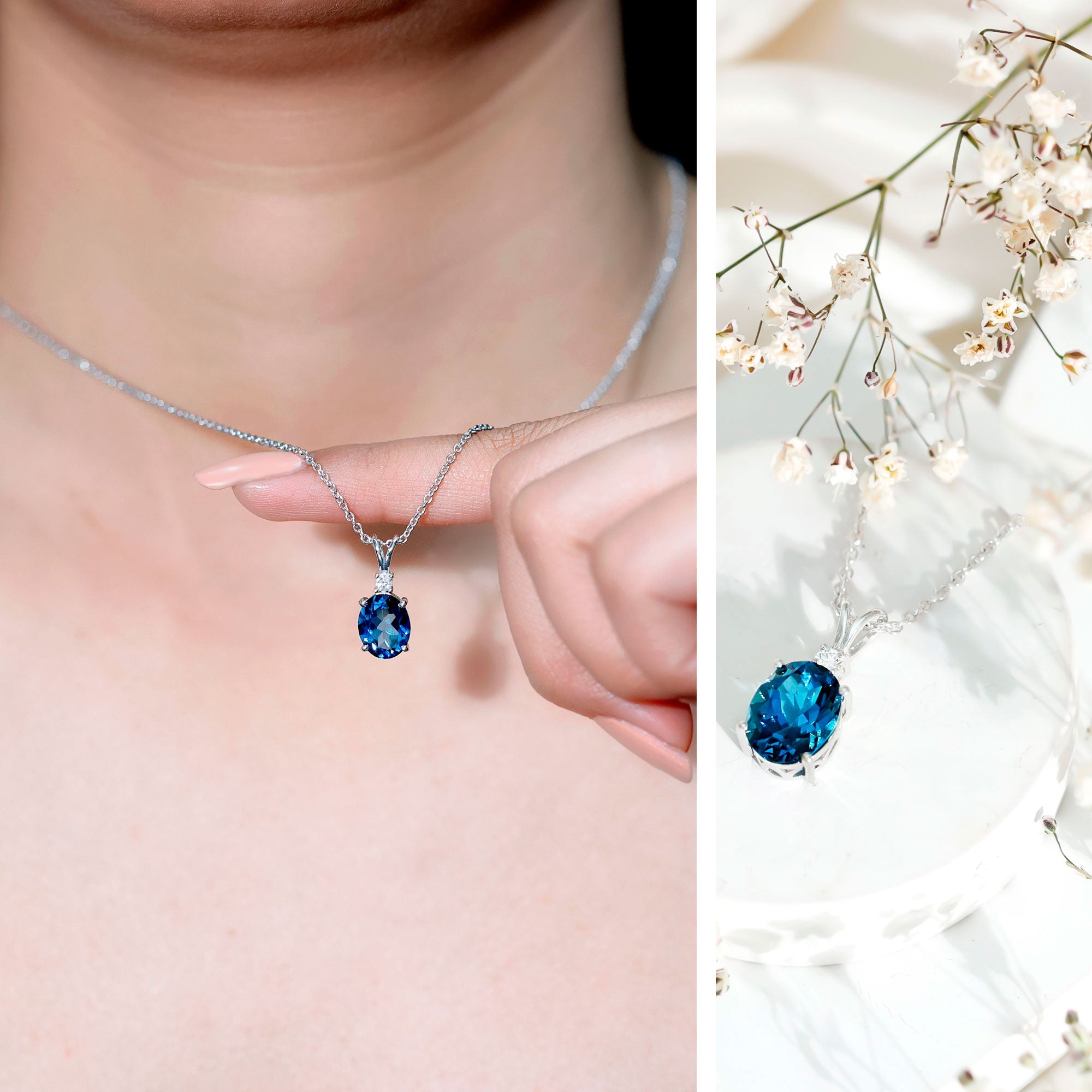 8X10MM Oval Shape Real London Blue Topaz Solitaire Pendant