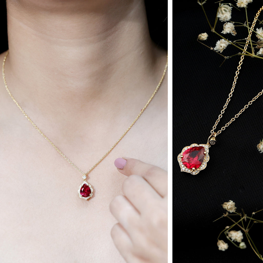 8X10 mm Lab Grown Ruby Diamond Vintage Necklace