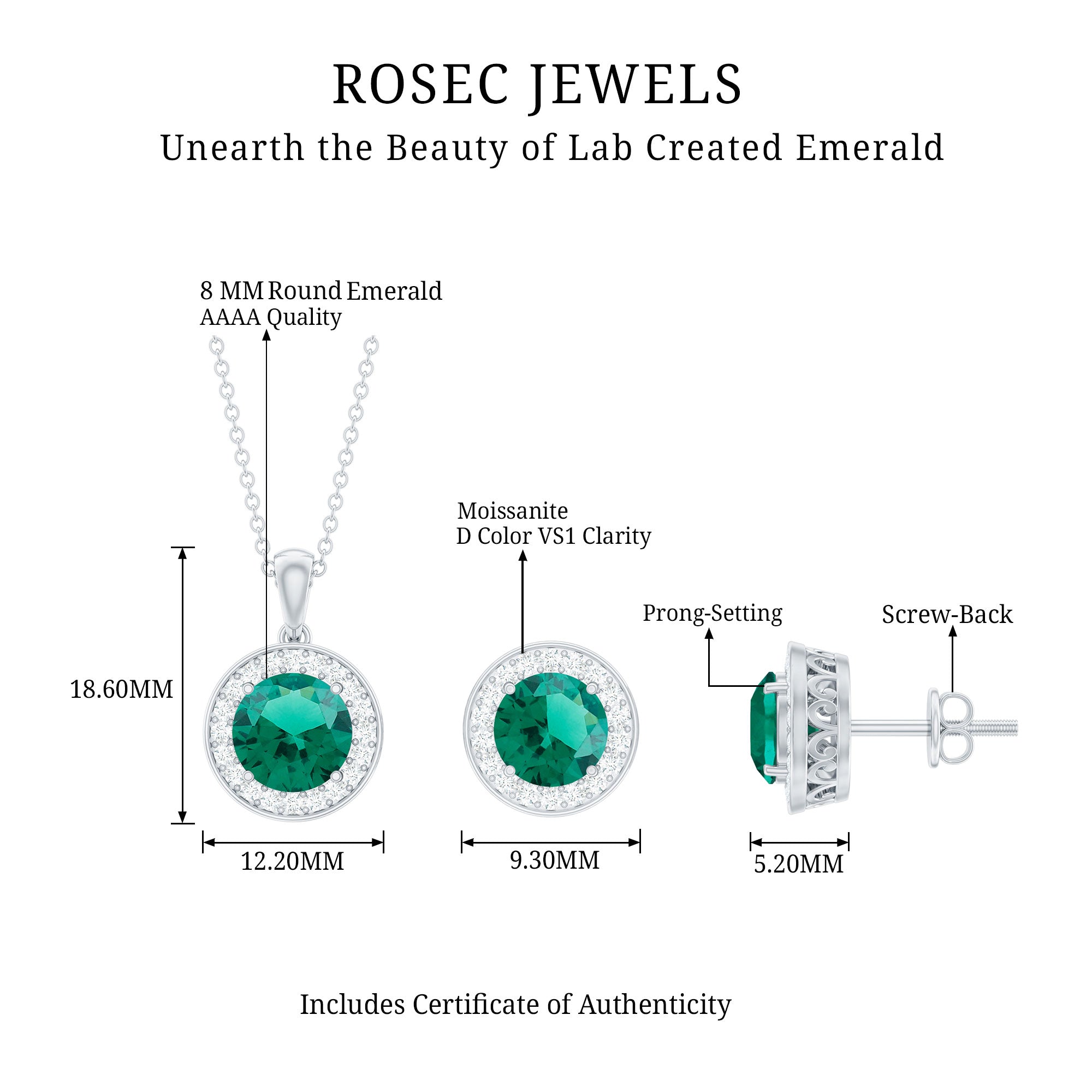 4.75 CT Classic Created Emerald Silver Halo Jewelry Set with Zircon