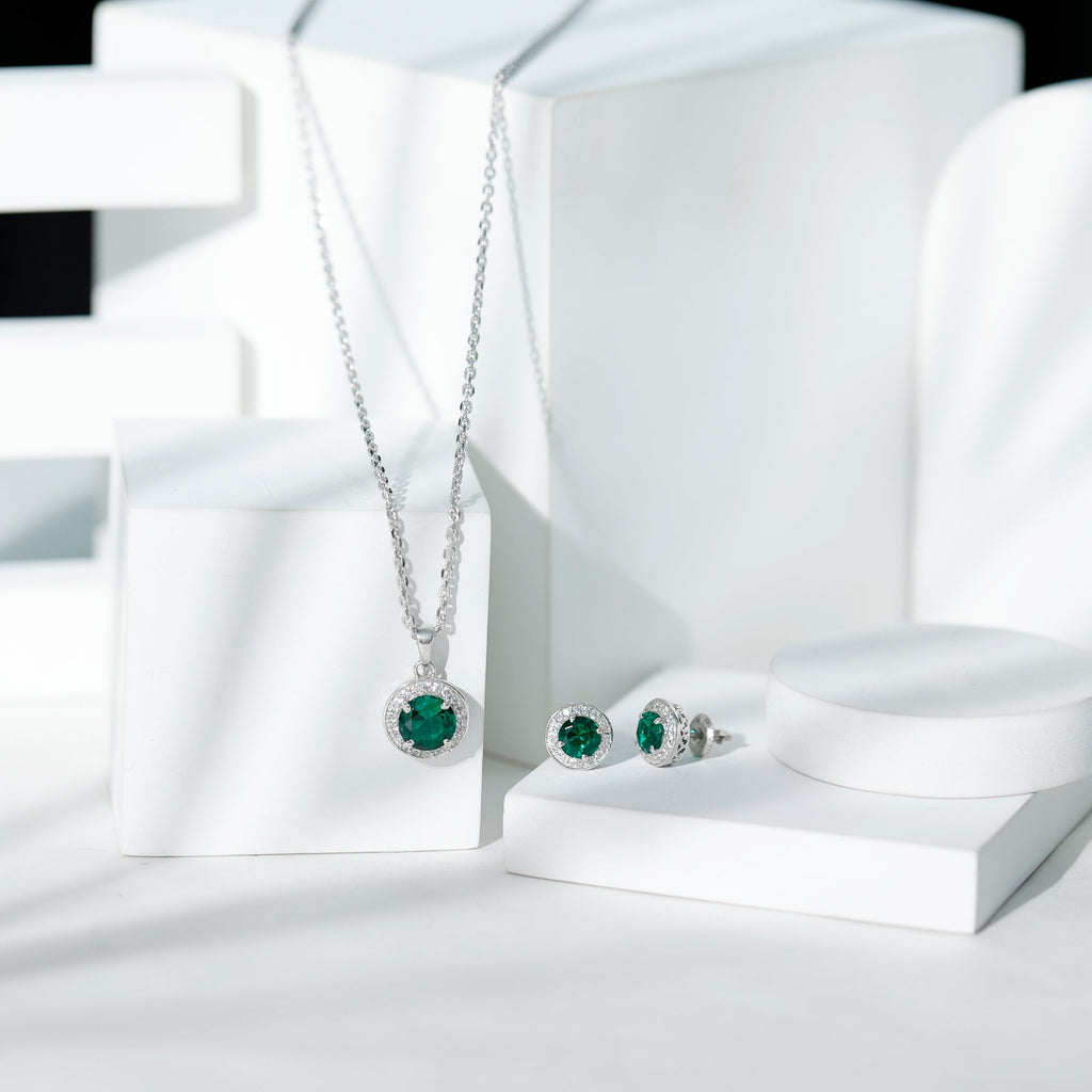 4.75 CT Classic Created Emerald Silver Halo Jewelry Set with Zircon