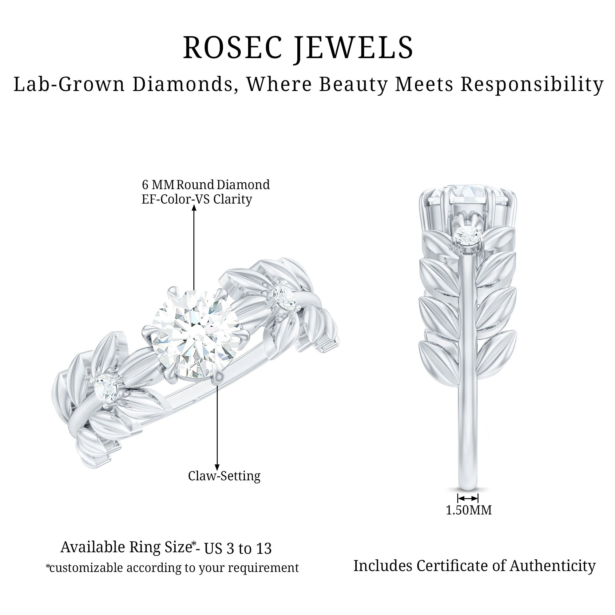 6 MM Lab Grown Diamond Nature Inspired Engagement Ring
