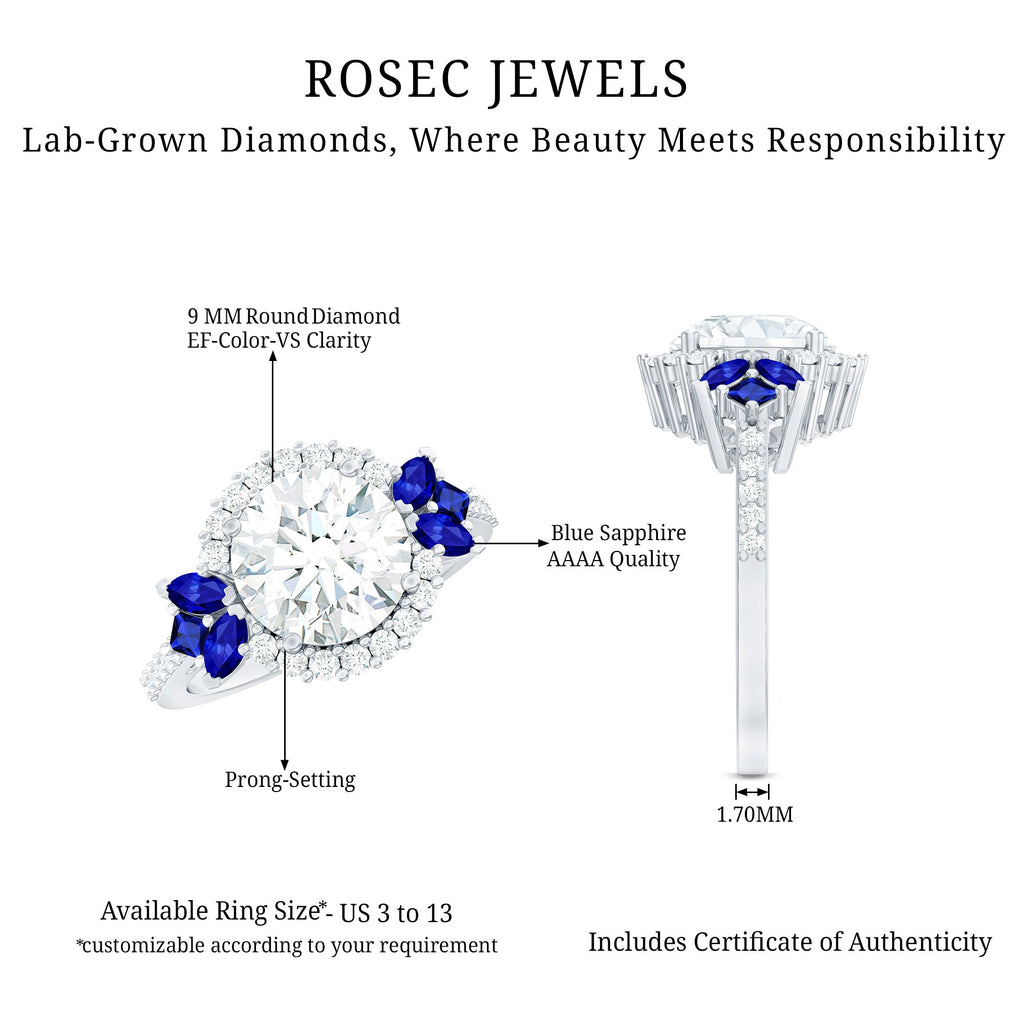 9 mm Lab Grown Diamond Halo Engagement Ring With Blue Sapphire