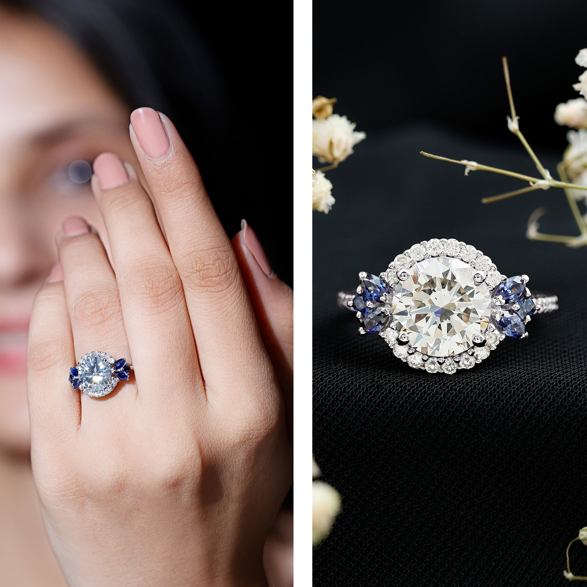 9 mm Lab Grown Diamond Halo Engagement Ring With Blue Sapphire