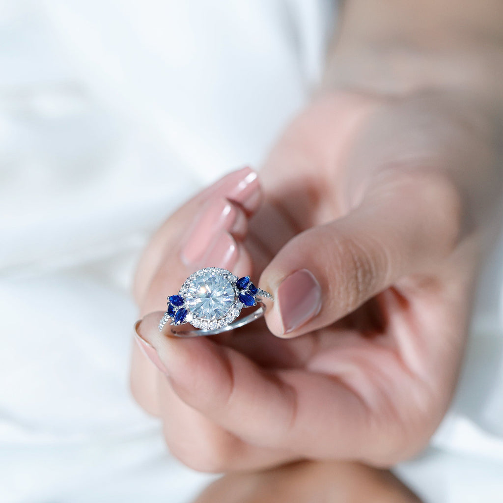 9 mm Lab Grown Diamond Halo Engagement Ring With Blue Sapphire