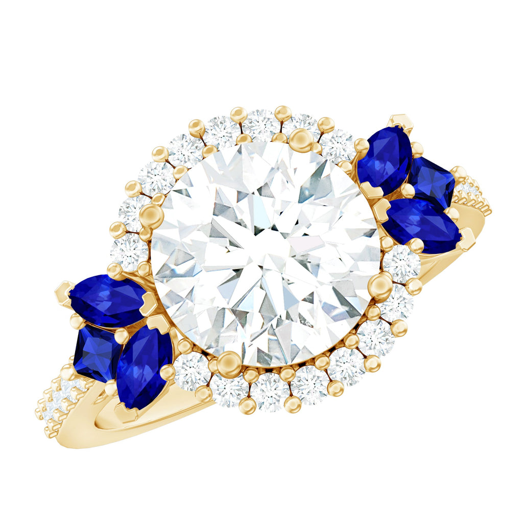 9 mm Lab Grown Diamond Halo Engagement Ring With Blue Sapphire