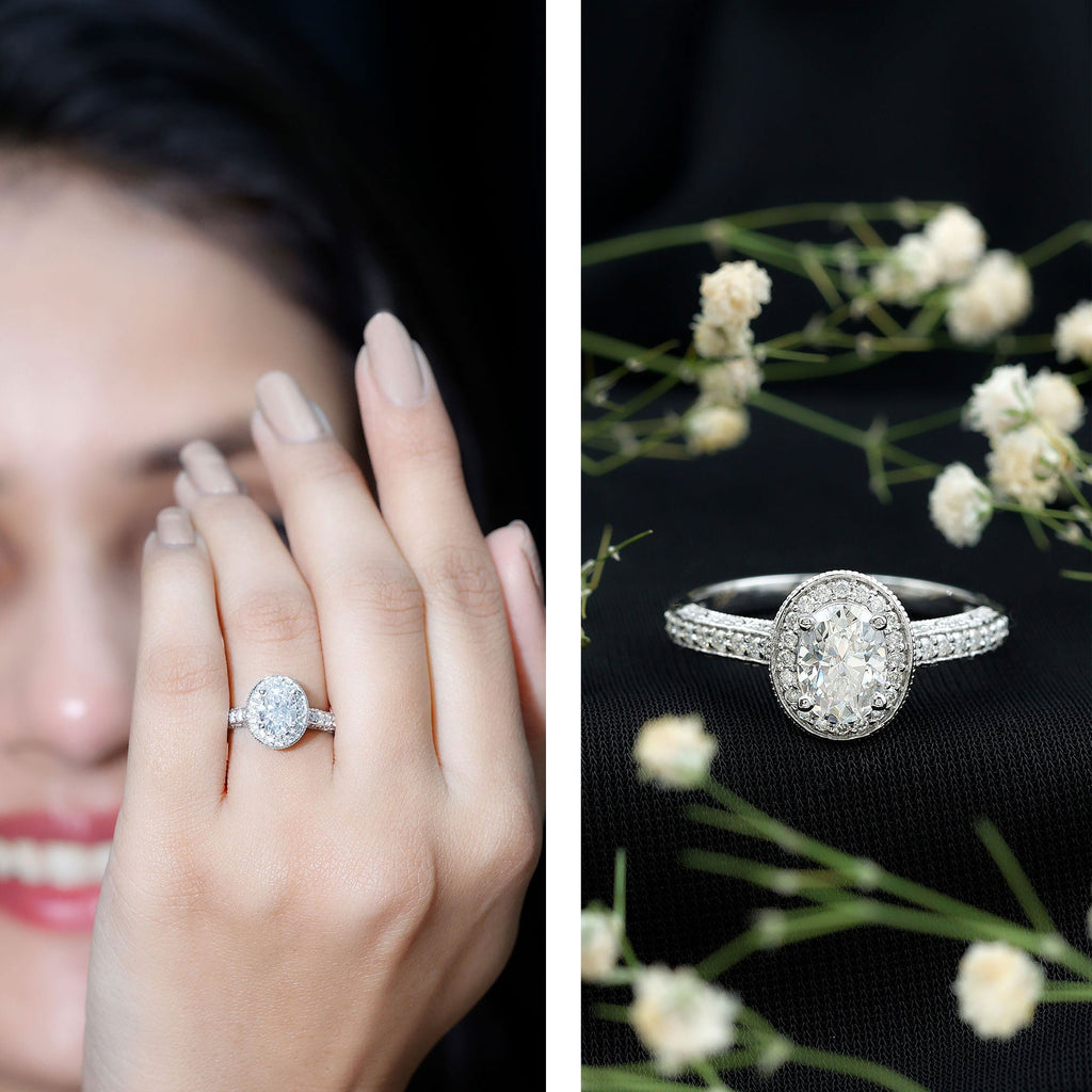 6X8 mm Oval Lab Grown Diamond Halo Engagement Ring