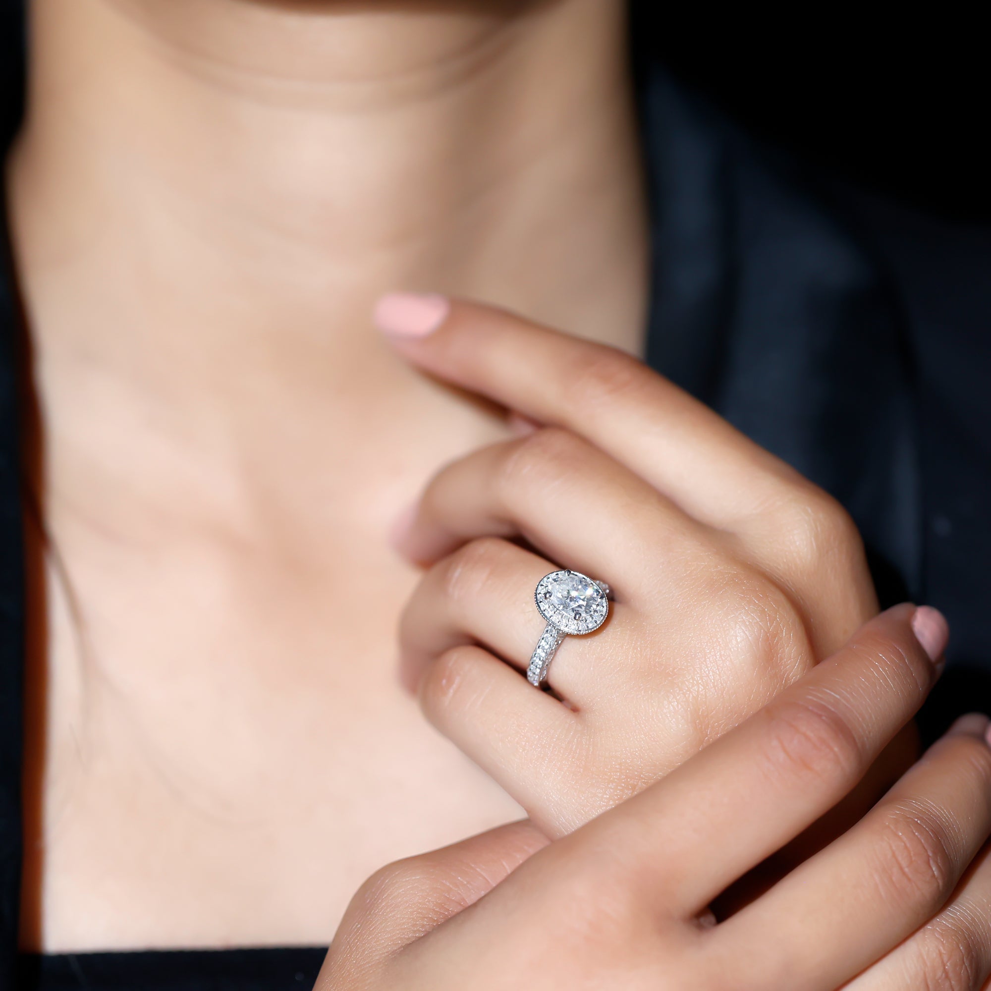 6X8 mm Oval Lab Grown Diamond Halo Engagement Ring