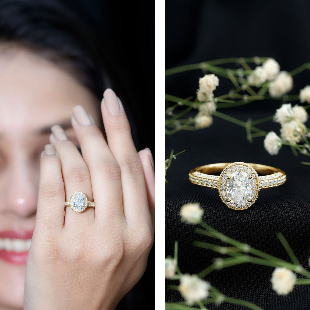 6X8 mm Oval Lab Grown Diamond Halo Engagement Ring