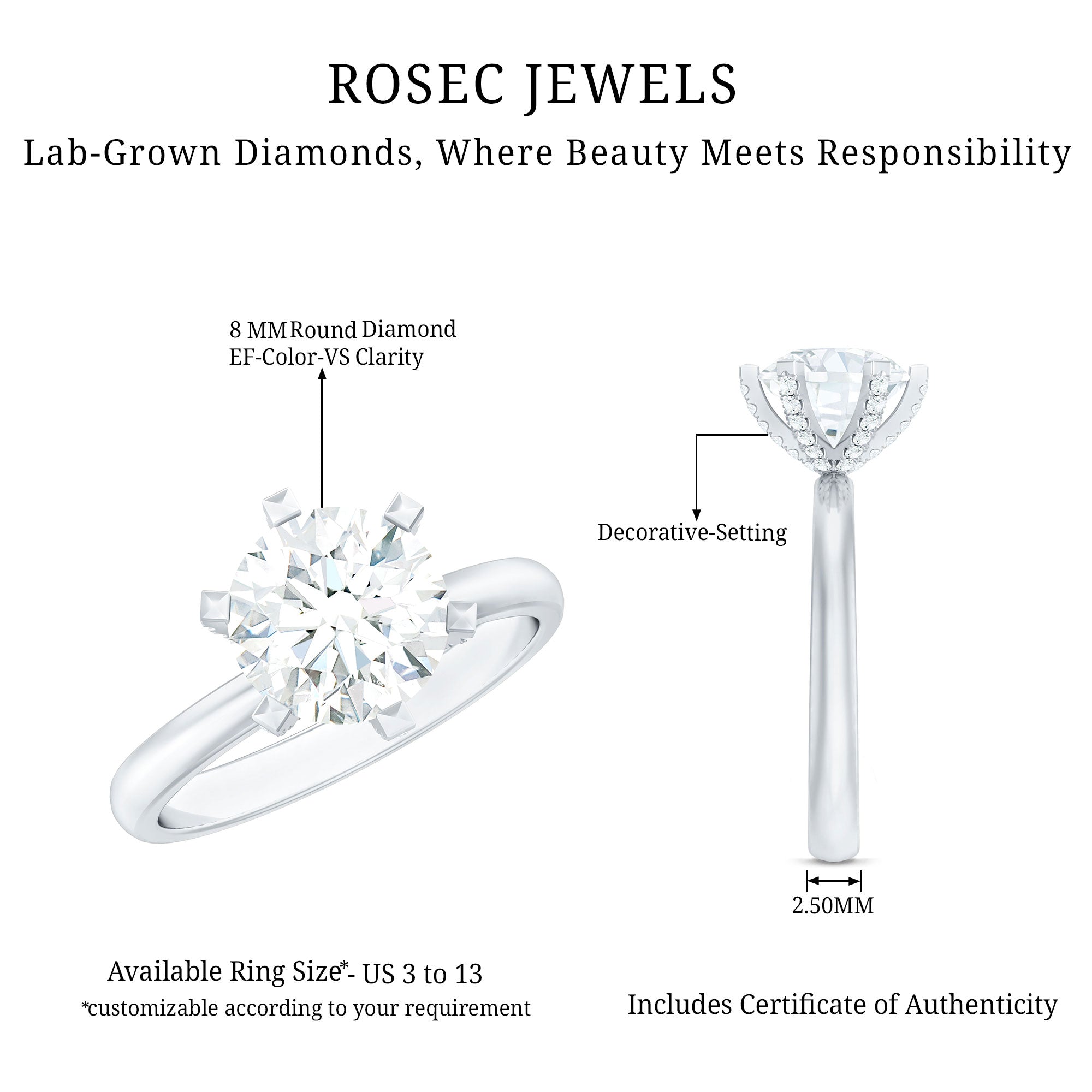 8 MM Round Brilliant Cut Lab Grown Diamond Engagement Ring