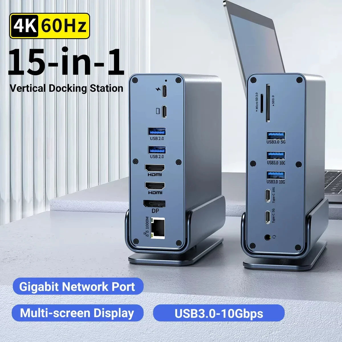 15 in 1 Hub Type-C Docking Station 4K@60Hz HDMI DisplayPort USB A RJ45 SD TF Audio 3.5mm Port Adapter for Macbook Pro Laptop PC