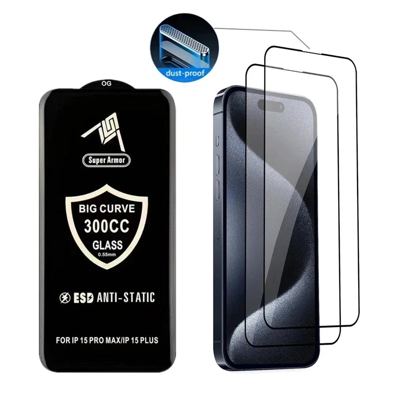 2Pcs 300CC Big Curve Tempered Glass For iPhone 16 13 11 12 15 Pro Max ESD Anti-Static Screen Protector For iPhone14 Plus X XR XS