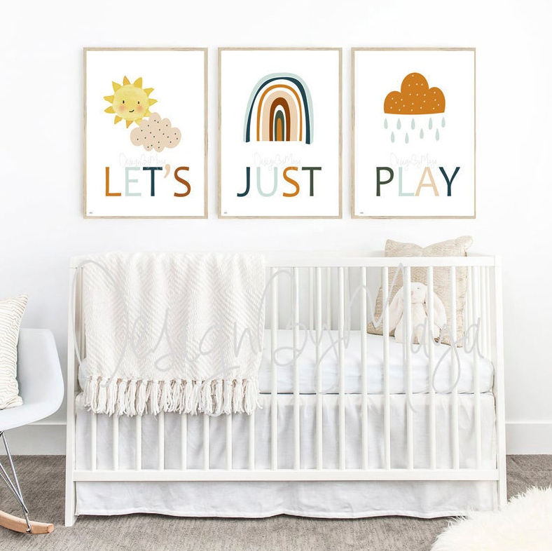 "Let's Just Play" - Sunshine, Rainbow, Clouds Playroom Set - Luster Paper Nursery Wall Art Prints